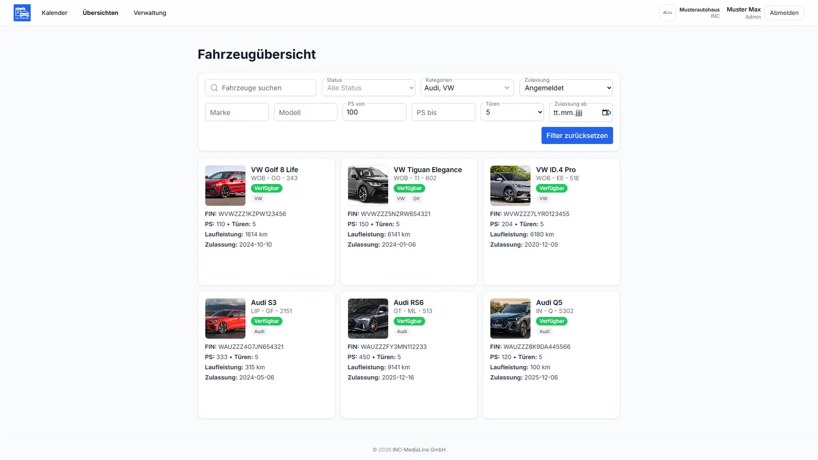 Fahrzeugübersicht in INC-Carman mit Filtern für Status, Kategorie und Zulassung