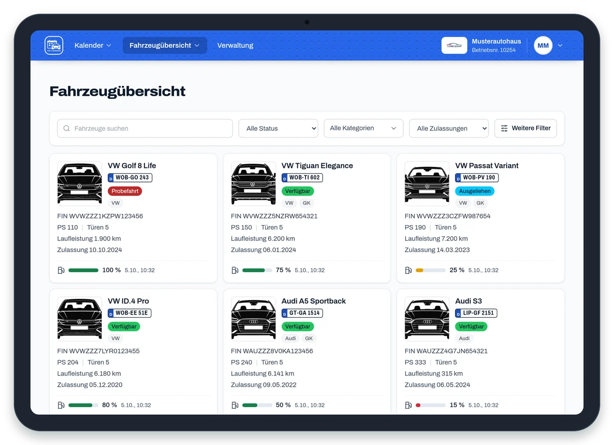 Fahrzeugübersicht von INC-Carman auf dem Tablet mit Vorführwagen, Kennzeichen, Kilometerstand und Status verfügbar oder Probefahrt